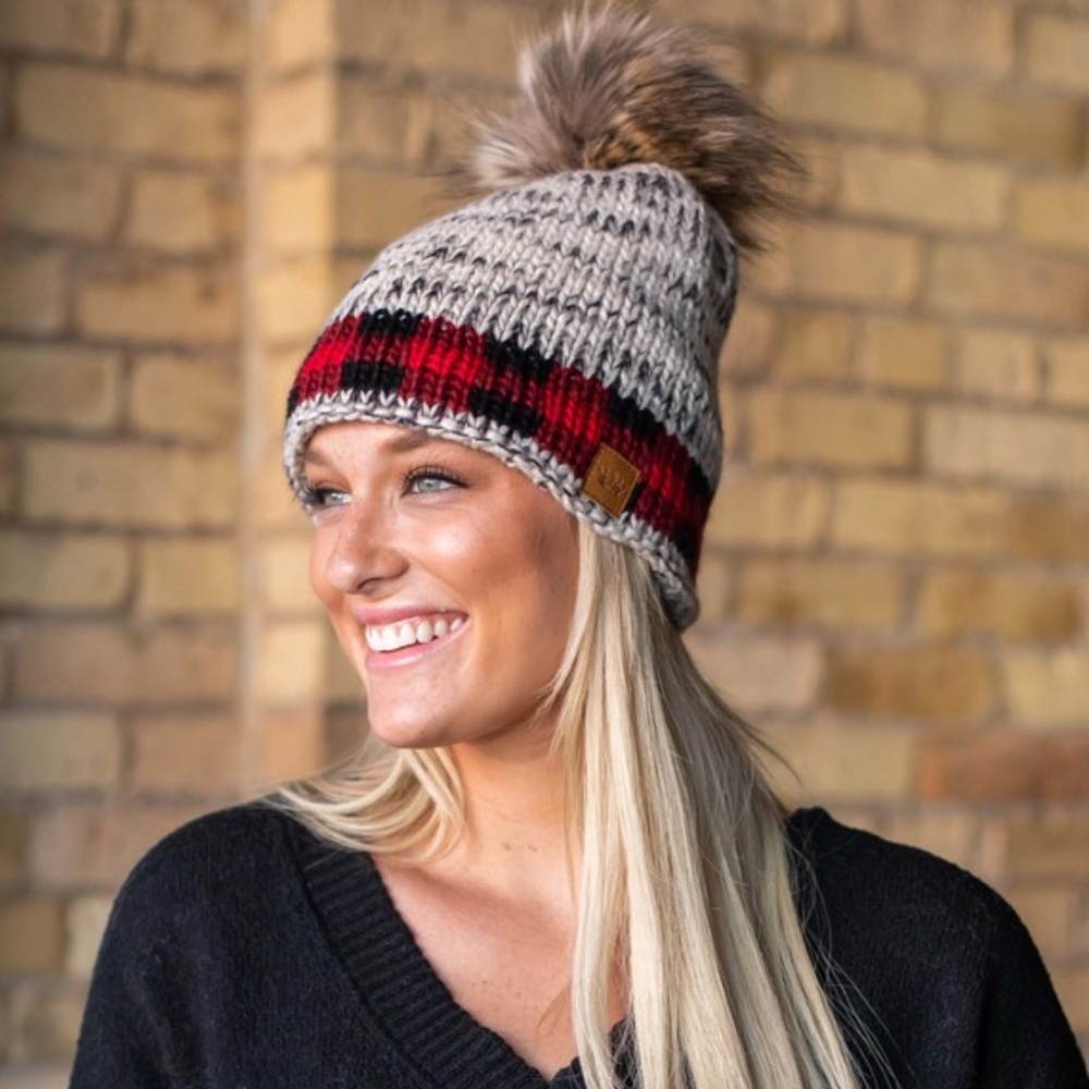 SOLD OUT Red Buffalo Trim Fleece Lined Faux Fur Pom Beanie - Picture 1 of 3